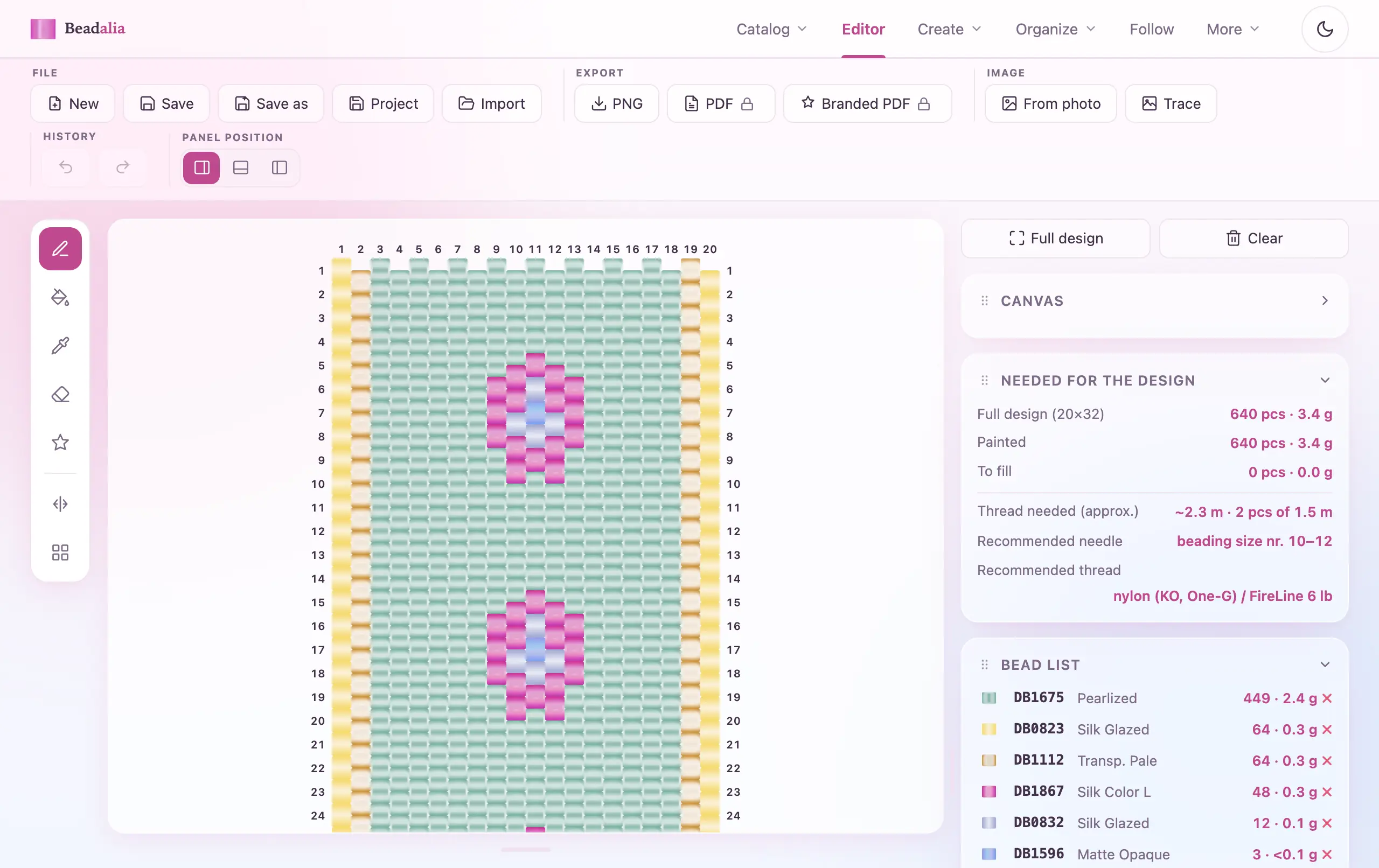 Beadalia editor in even-count peyote, with a real Miyuki Delica design on the staggered grid and the materials panel listing beads, thread and needle.