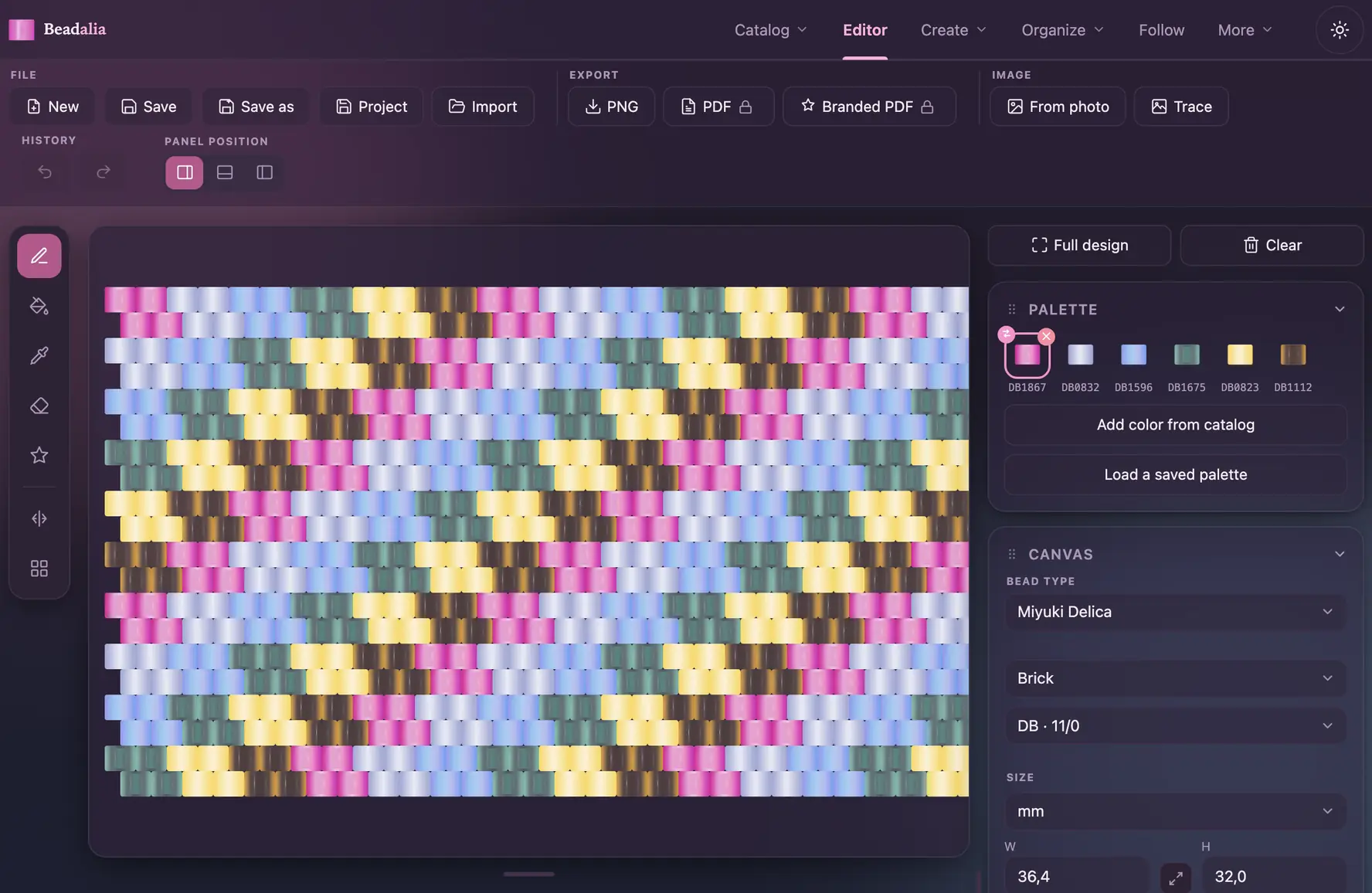 The Beadalia pattern editor: a pink-and-gold chevron bracelet design in Delica beads, next to the color palette.