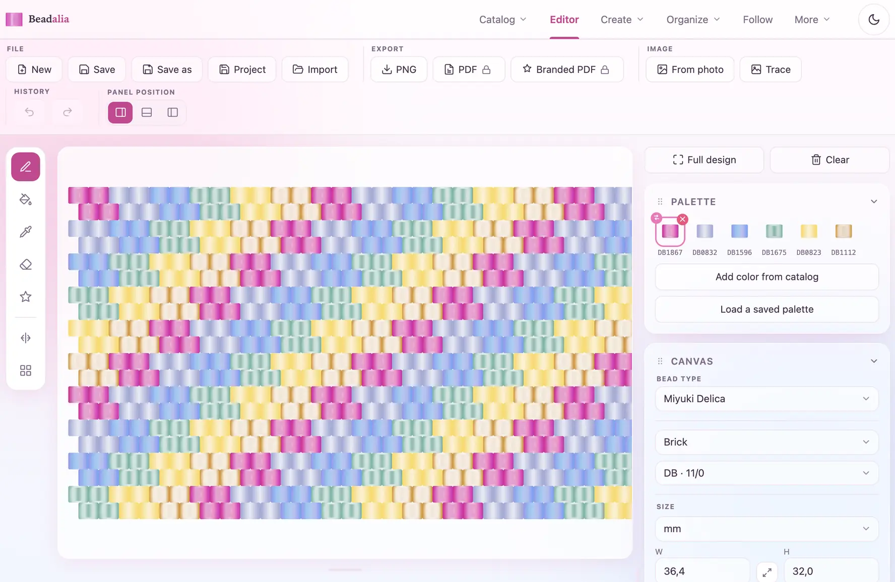 The Beadalia pattern editor: a pink-and-gold chevron bracelet design in Delica beads, next to the color palette.
