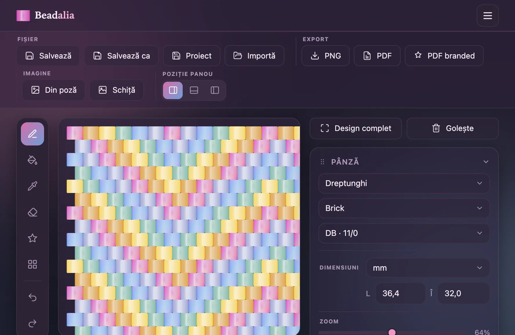The Beadalia pattern editor: a pink-and-gold chevron bracelet design in Delica beads, next to the color palette.