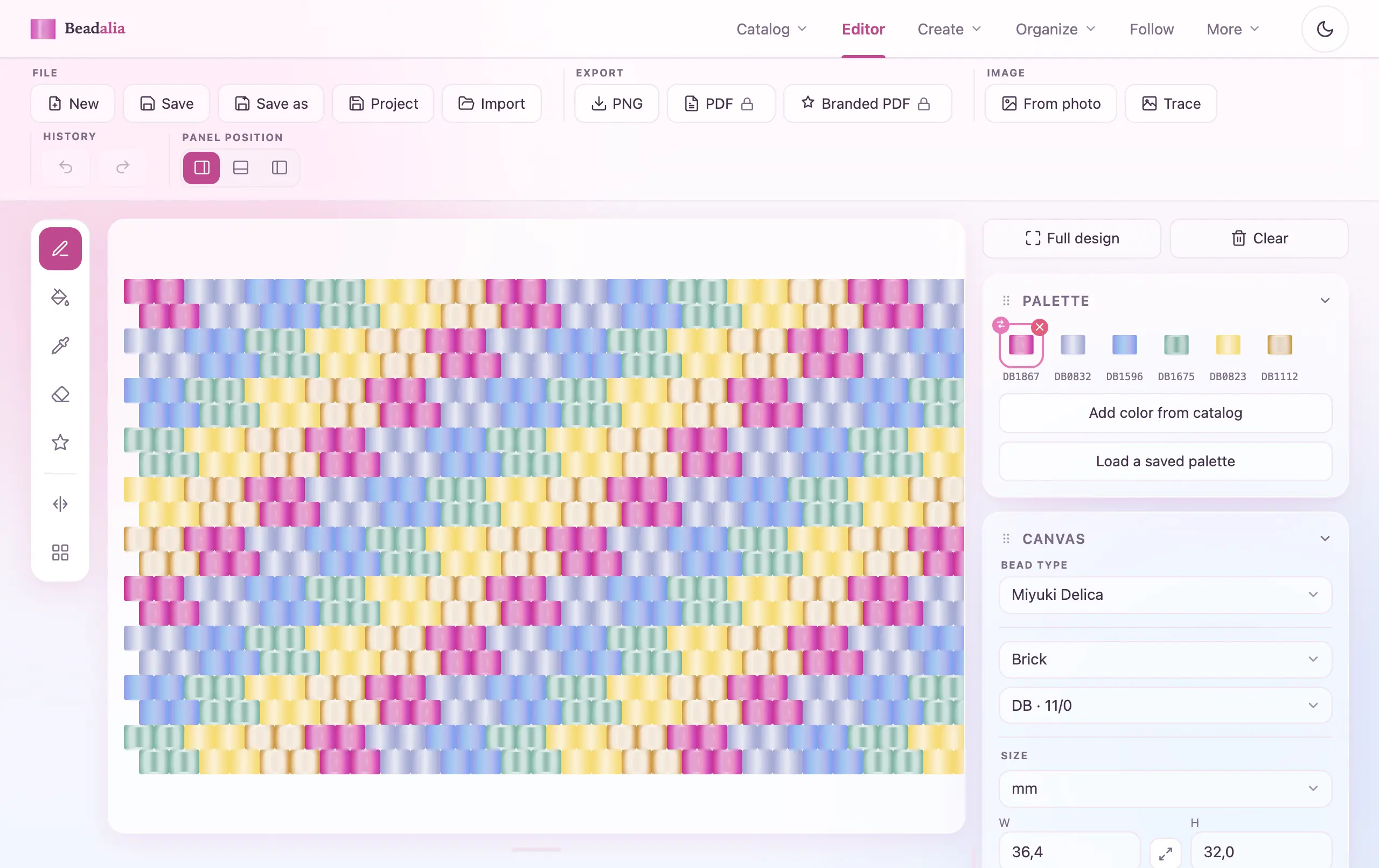Beadalia editor with a brick-stitch Miyuki Delica 11/0 design on the staggered grid, stitch and size controls, the working palette, and PNG, PDF and branded-PDF export.
