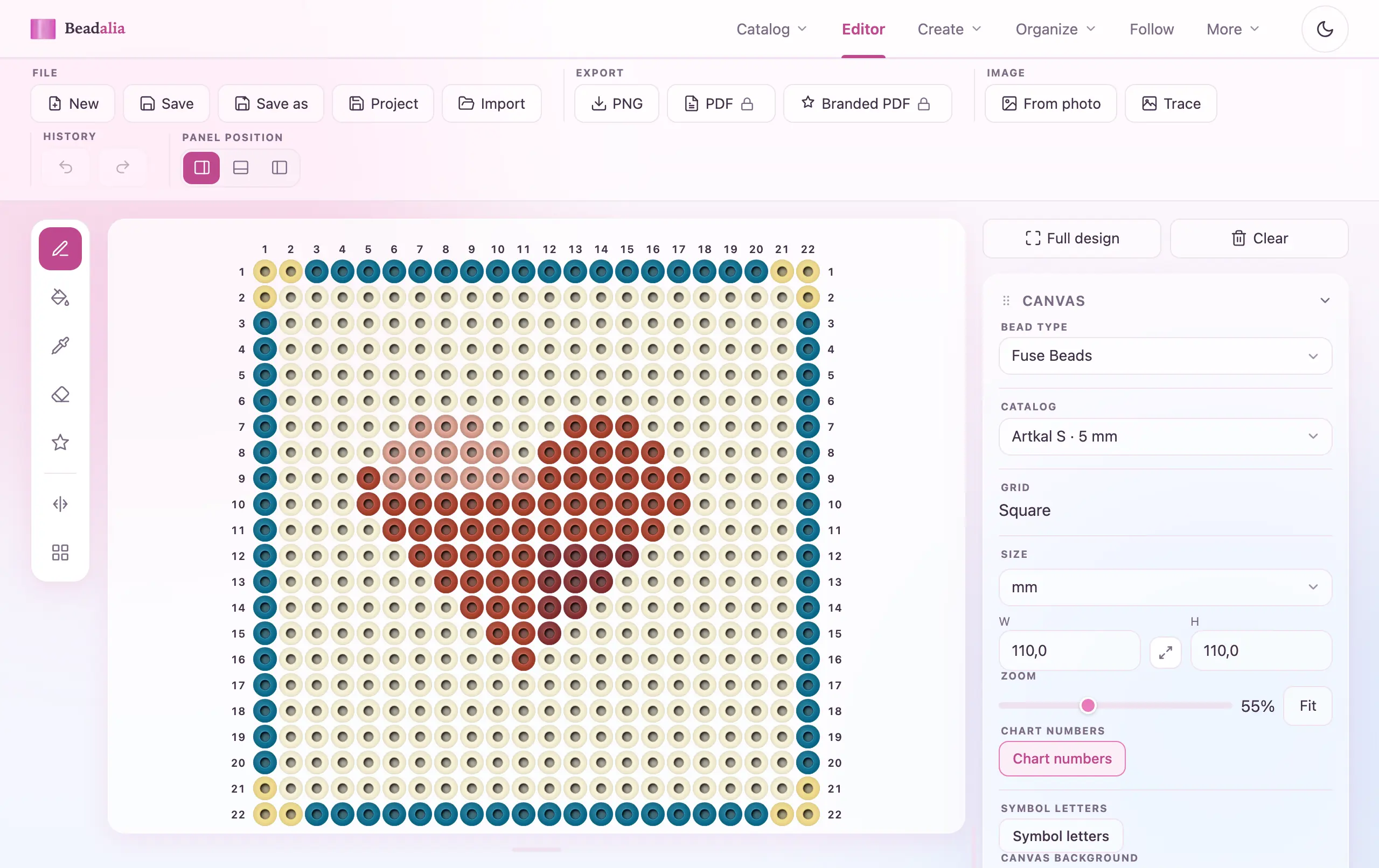 The Beadalia editor showing a fuse bead design — a red heart on a cream ground inside a teal border — on a square Artkal S pegboard grid, with the canvas panel set to Fuse Beads, Artkal S 5 mm and a square grid.