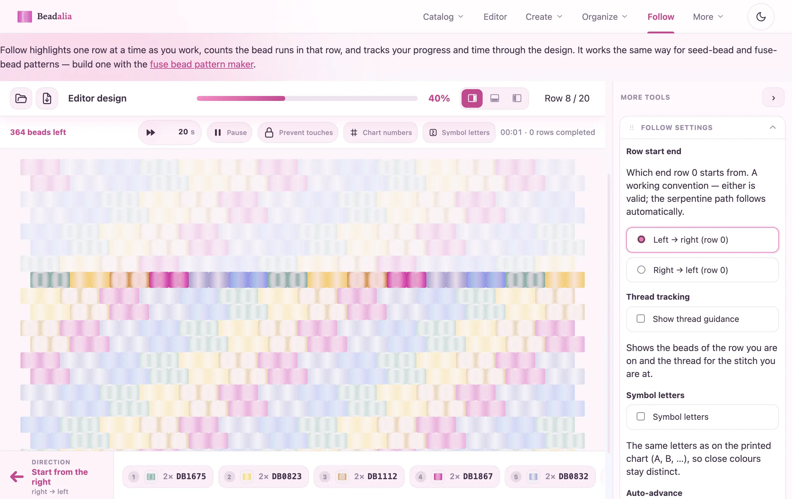 The Beadalia row reader showing the current row (4 pink, 6 gold, 4 pink) and the whole design, with row 15 of 30 highlighted.
