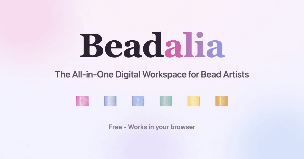 Beadalia wordmark with six Delica-coloured swatches. The pattern editor runs in the browser; a new canvas opens as loom.